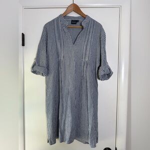 Madison Mathews Navy Blue White Gingham Tunic Dress Roll Tab Sleeves Size Medium